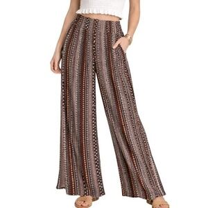 Indero Wide Leg Pants Womens L Black Brown Geo Floral Flowy Festival Boho Chic